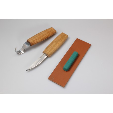 Kit de 2 outils de sculpture pour les cuillères en bois avec nécessaire d'affûtage
